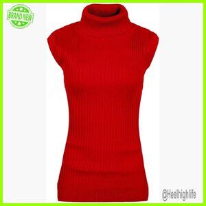 Sleeveless High Neck Turtleneck Pullover Sweater Stretchable Knit Top